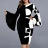 Women‘s Plus Size Curve Party Dress Geometric V Neck Print Long Sleeve Fall Winter Work Casual Prom Dress Knee Length Dress Casual Daily Dress