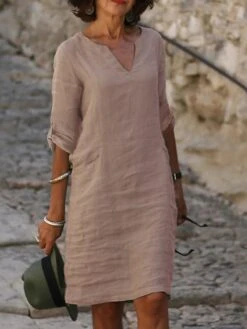 Women's Casual Dress Cotton Linen Dress Shift Dress Midi Dress Cotton Blend Modern Style Modern Outdoor Daily Date Split Neck Button Rolled Cuff 3/4 Length Sleeve Summer Spring Fall 2023 Regular Fit -HAYz Clothing Shop eqrzmx1686196456663