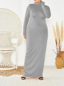 Women's Plus Size Curve Casual Dress Bodycon Sheath Dress Plain Long Dress Maxi Dress Long Sleeve Stand Collar Fashion Outdoor Black Yellow Fall Winter XXL 3XL 4XL 5XL -HAYz Clothing Shop eqszec1694151475787