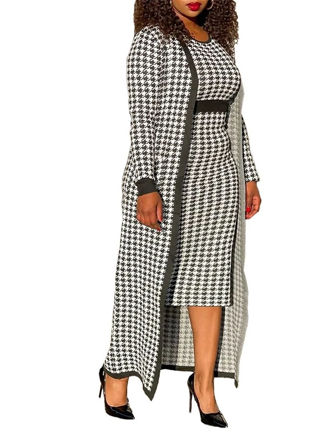 Women's Two Piece Dress Set Casual Dress Sheath Dress Daily Going Out Streetwear Modern Print Midi Dress Crew Neck Long Sleeve Houndstooth Regular Fit Black Fall Winter S M L XL XXL 5 Women's Two Piece Dress Set Casual Dress Sheath Dress Daily Going Out Streetwear Modern Print Midi Dress Crew Neck Long Sleeve Houndstooth Regular Fit Black Fall Winter S M L XL XXL - Image 5