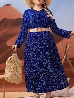 Women's Plus Size Curve Retro Elegant Vintage Dress Midi Dress Daily Holiday Print Polka Dot Crew Neck Long Sleeve Loose Fit Spring Fall 2023 Dark Blue L XL XXL 3XL