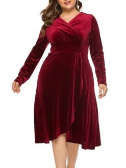 Women's Plus Size Curve Party Dress Velvet Dress Sheath Dress Solid Color Midi Dress Long Sleeve Ruched Patchwork V Neck Fashion Wedding Deep Green Black Spring Fall XL XXL 3XL 4XL 5XL