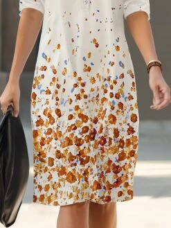 Women's Shirt Dress Casual Dress Cotton Linen Dress Midi Dress Polyester Fashion Casual Daily Outdoor Daily Vacation Crew Neck Button Print 3/4 Length Sleeve Spring Fall Autumn 2023 Loose Fit Light -HAYz Clothing Shop eskejw1693365785266