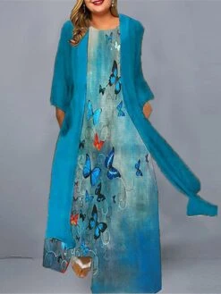 Women‘s Plus Size Curve Casual Dress Dress Set Two Piece Dress Animal Butterfly Long Dress Maxi Dress 3/4 Length Sleeve Print Crew Neck Fashion Daily Blue Green Spring Summer L XL XXL 3XL 4XL -HAYz Clothing Shop esofen1672987044304