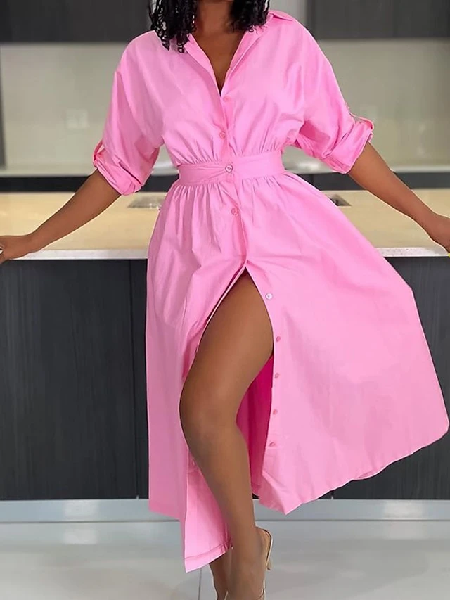 Women's Shirt Dress Midi Dress Outdoor Office Daily Polyester Fashion Romantic Shirt Collar Button Long Sleeve Summer Spring Fall 2023 Slim Yellow Pink Plain S M L XL 3 Women's Shirt Dress Midi Dress Outdoor Office Daily Polyester Fashion Romantic Shirt Collar Button Long Sleeve Summer Spring Fall 2023 Slim Yellow Pink Plain S M L XL - Image 3