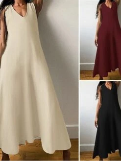 Women's Casual Dress Cotton Linen Dress Swing Dress Maxi Long Dress Cotton Blend Basic Modern Outdoor Daily Vacation V Neck Basic Sleeveless Summer Spring 2023 Regular Fit Black Wine Khaki Plain S M -HAYz Clothing Shop esxhew1686030303115