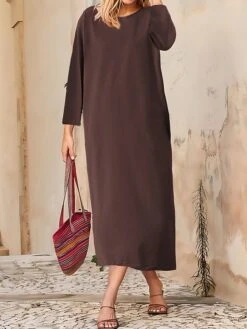 Women's Casual Dress Cotton Linen Dress T Shirt Dress Tee Dress Midi Dress Polyester Basic Classic Outdoor Daily Vacation Crew Neck Pocket 3/4 Length Sleeve Fall Autumn 2023 Loose Fit ArmyGreen Black -HAYz Clothing Shop esxofd1693447409054