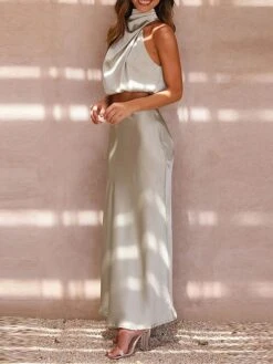 Women's Two Piece Dress Set Casual Dress Skirt Set Daily Holiday Fashion Sexy Ruched Long Dress Maxi Dress Stand Collar Sleeveless Plain Regular Fit Black White Light Green Summer Spring S M L XL -HAYz Clothing Shop etabyu1690857203403