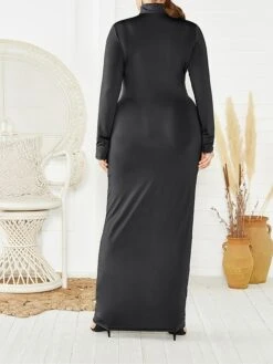 Women's Plus Size Curve Casual Dress Bodycon Sheath Dress Plain Long Dress Maxi Dress Long Sleeve Stand Collar Fashion Outdoor Black Yellow Fall Winter XXL 3XL 4XL 5XL -HAYz Clothing Shop eubcgs1694151474724