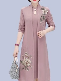 Women's Two Piece Dress Set Print Dress Outdoor Vacation Casual Print Midi Dress Stand Collar Long Sleeve Floral Loose Fit Pink Wine Blue Fall Winter XL XXL XXXL 4XL 5XL -HAYz Clothing Shop euckic1675853178866