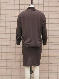 Women's Two Piece Dress Set Casual Dress Skirt Set Outdoor Daily Fashion Streetwear Split Ribbed Midi Dress Turtleneck Long Sleeve Plain Loose Fit Black Brown Beige Fall Winter S M L XL -HAYz Clothing Shop eucybd1694596421490
