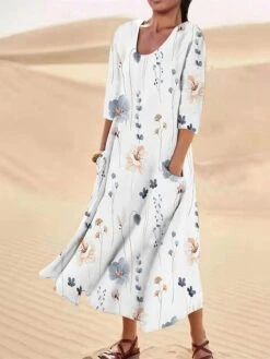 Women's Casual Dress Cotton Linen Dress Midi Dress Polyester Fashion Casual Daily Outdoor Daily Vacation Crew Neck Pocket Print Half Sleeve Summer Spring Fall 2023 Loose Fit ArmyGreen White Red Leaf