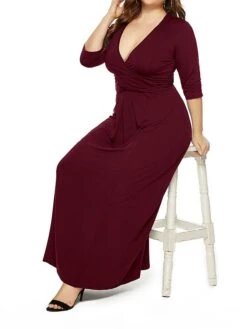 Women's Plus Size Curve Party Dress Swing Dress Formal Dress Plain Long Dress Maxi Dress 3/4 Length Sleeve Ruched Crew Neck Fashion Party Black Wine Fall Winter L XL XXL 3XL -HAYz Clothing Shop euqptj1694151475218