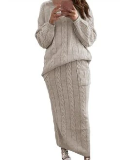 Women's Two Piece Dress Set Casual Dress Skirt Set Daily Holiday Fashion Streetwear Pocket Ribbed Long Dress Maxi Dress Crew Neck Long Sleeve Plain Loose Fit Black Yellow Wine Fall Winter S M L XL XXL -HAYz Clothing Shop evfciq1694165727397