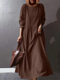 Women's Plus Size Work Dress Black Dress White Dress Fashion Long Dress Maxi Dress Ruched Patchwork Crew Neck Long Sleeve Plain Loose Fit Black White Brown Fall L XL XXL 3XL 4XL -HAYz Clothing Shop evixff1693389375038