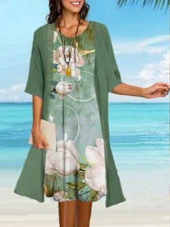 Women's Two Piece Dress Set Casual Dress Shift Dress Outdoor Daily Fashion Casual Print Midi Dress Crew Neck 3/4 Length Sleeve Floral Loose Fit Light Green Green Summer Spring S M L XL XXL -HAYz Clothing Shop evwiyj1678966691206