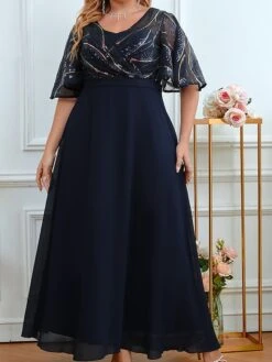 Women‘s Plus Size Curve Party Dress Chiffon Dress Swing Dress Leaf Long Dress Maxi Dress Half Sleeve Mesh Print V Neck Fashion Party Navy Blue Summer Spring L XL XXL 3XL 4XL -HAYz Clothing Shop evwqys1682487186377