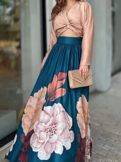 Women's Two Piece Dress Set Casual Dress Skirt Set Outdoor Daily Active Fashion Pleated Tie Knot Long Dress Maxi Dress V Neck Long Sleeve Floral Regular Fit Blue Fall S M L XL XXL