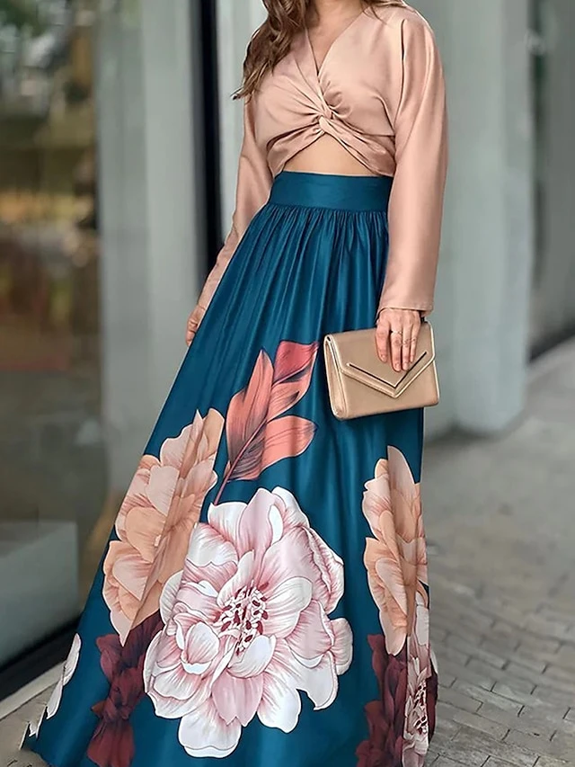 Women's Two Piece Dress Set Casual Dress Skirt Set Outdoor Daily Active Fashion Pleated Tie Knot Long Dress Maxi Dress V Neck Long Sleeve Floral Regular Fit Blue Fall S M L XL XXL 1 Women's Two Piece Dress Set Casual Dress Skirt Set Outdoor Daily Active Fashion Pleated Tie Knot Long Dress Maxi Dress V Neck Long Sleeve Floral Regular Fit Blue Fall S M L XL XXL