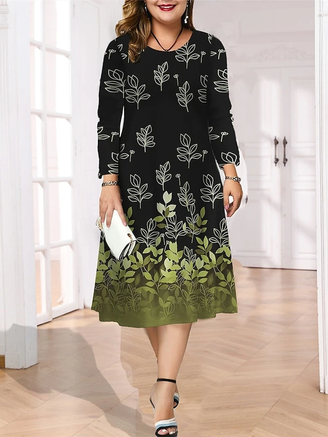 Women's Plus Size Curve Casual Dress Skater Dress A Line Dress Leaf Gradient Midi Dress Long Sleeve Print Crew Neck Fashion Outdoor Deep Purple Deep Green Fall Winter L XL XXL 3XL 4XL 6 Women's Plus Size Curve Casual Dress Skater Dress A Line Dress Leaf Gradient Midi Dress Long Sleeve Print Crew Neck Fashion Outdoor Deep Purple Deep Green Fall Winter L XL XXL 3XL 4XL - Image 6