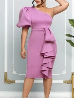 Women‘s Plus Size Curve Party Dress Solid Color One Shoulder Ruffle Short Sleeve Spring Fall Prom Dress Midi Dress Casual Daily Dress -HAYz Clothing Shop ewdsip1657187568042