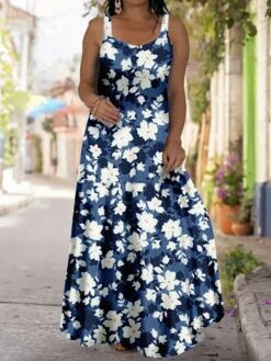 Women‘s Plus Size Curve Casual Dress Strap Dress Floral Long Dress Maxi Dress Sleeveless Print Strap Fashion Outdoor Black White Summer Spring L XL XXL 3XL 4XL -HAYz Clothing Shop eweomv1680838491316
