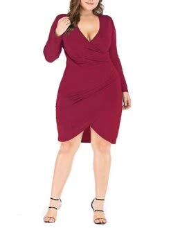 Women‘s Plus Size Curve Work Dress Sheath Dress Semi Formal Dress Fashion Midi Dress Ruched V Neck Long Sleeve Plain Regular Fit Black Wine Blue Fall Winter XL XXL 3XL 4XL 5XL -HAYz Clothing Shop ewonqz1691401442569