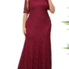 Women's Plus Size Curve Party Dress Lace Dress Sheath Dress Solid Color Long Dress Maxi Dress Half Sleeve Ruched Patchwork Crew Neck Fashion Wedding Wine Deep Blue Spring Fall XL XXL 3XL 4XL 5XL