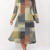 Women's Plus Size Curve Casual Dress Skater Dress A Line Dress Geometric Plaid Midi Dress Long Sleeve Print Crew Neck Fashion Outdoor Yellow Orange Fall Winter L XL XXL 3XL 4XL