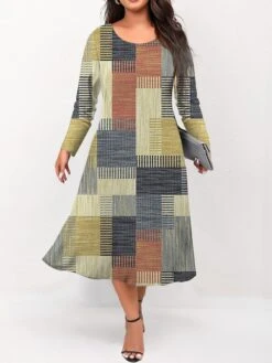 Women's Plus Size Curve Casual Dress Skater Dress A Line Dress Geometric Plaid Midi Dress Long Sleeve Print Crew Neck Fashion Outdoor Yellow Orange Fall Winter L XL XXL 3XL 4XL