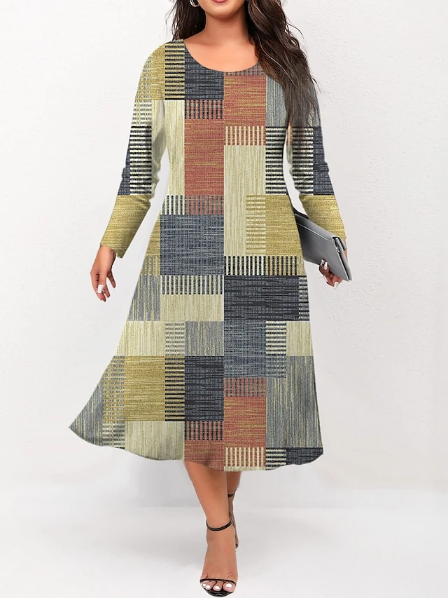 Women's Plus Size Curve Casual Dress Skater Dress A Line Dress Geometric Plaid Midi Dress Long Sleeve Print Crew Neck Fashion Outdoor Yellow Orange Fall Winter L XL XXL 3XL 4XL 1 Women's Plus Size Curve Casual Dress Skater Dress A Line Dress Geometric Plaid Midi Dress Long Sleeve Print Crew Neck Fashion Outdoor Yellow Orange Fall Winter L XL XXL 3XL 4XL