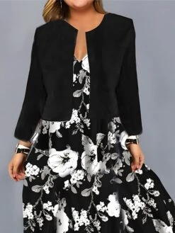 Women‘s Plus Size Curve Two Piece Dress Set Casual Dress Chiffon Dress Outdoor Daily Fashion Elegant Print Long Dress Maxi Dress V Neck Long Sleeve Floral Regular Fit Black Summer Spring -HAYz Clothing Shop exdjgd1690946619923