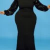 Women‘s Plus Size Curve Party Dress Solid Color Crew Neck Sequins Long Sleeve Fall Winter Sequins Prom Dress Maxi Long Dress Party Vacation Dress Sequin Dress