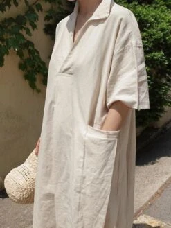 Women's Casual Dress Cotton Linen Dress Swing Dress Maxi Long Dress Cotton Blend Basic Casual Outdoor Daily V Neck Pocket 3/4 Length Sleeve Summer Spring Fall 2023 Loose Fit Blue Green Apricot Plain -HAYz Clothing Shop exjkdt1679554401299