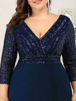 Women's Plus Size Curve Party Dress Sequin Dress Chiffon Dress Plain Long Dress Maxi Dress 3/4 Length Sleeve Patchwork V Neck Fashion Party Navy Blue Fall Winter L XL XXL 3XL 4XL -HAYz Clothing Shop exstpw1697193156779