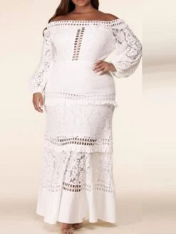 Women‘s Plus Size Curve Flattering Dresses Elegant Apple Shaped Dress Wedding Guest Party Dress Print Off Shoulder Ruffle Long Sleeve Spring Fall Prom Dress Maxi Long Dress Party Going Out Dress Lace