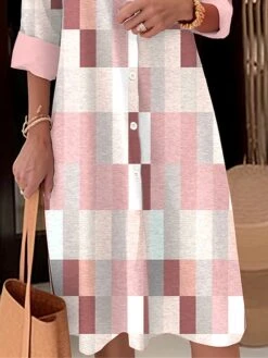 Women's Shirt Dress Casual Dress Midi Dress Outdoor Office Daily Polyester Fashion Modern Shirt Collar Button Pocket Long Sleeve Fall Winter 2023 Loose Fit Pink Plaid S M L XL 2XL -HAYz Clothing Shop eyoxcg1694086189087