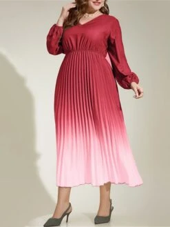 Women's Plus Size Work Dress Swing Dress Semi Formal Dress Fashion Long Dress Maxi Dress Pleated Print V Neck Long Sleeve Ombre Regular Fit Red Fall Winter L XL XXL 3XL 4XL -HAYz Clothing Shop eyretb1693300573633