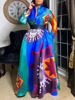 Women‘s Plus Size Curve Party Dress Swing Dress Graphic Long Dress Maxi Dress Long Sleeve Pocket Print Crew Neck Modern Party Blue Fall Spring L XL XXL 3XL 4XL -HAYz Clothing Shop eyvhwo1672986054131