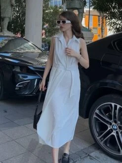 Women's Shirt Dress Cotton Linen Dress Wrap Dress Maxi Long Dress Cotton Blend Fashion Elegant Outdoor Office Business Shirt Collar Button Pocket Sleeveless Summer Spring 2023 Loose Fit White Plain S -HAYz Clothing Shop ezcdhm1690275366217