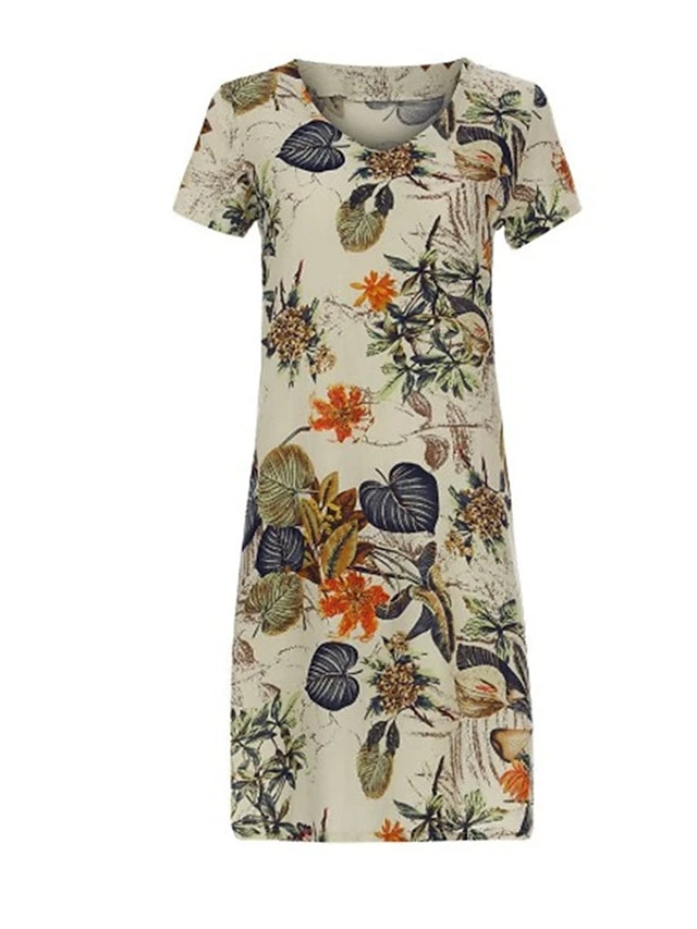 Women's Casual Dress Cotton Linen Dress A Line Dress Midi Dress Cotton Blend Basic Classic Outdoor Daily Vacation V Neck Short Sleeve Summer Spring 2023 Loose Fit Apricot Leaf Floral M L XL 2XL 2 Women's Casual Dress Cotton Linen Dress A Line Dress Midi Dress Cotton Blend Basic Classic Outdoor Daily Vacation V Neck Short Sleeve Summer Spring 2023 Loose Fit Apricot Leaf Floral M L XL 2XL - Image 2