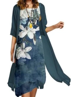 Women's Two Piece Dress Set Semi Formal Dress Formal Party Party Classic Print Midi Dress Crew Neck Half Sleeve Graphic Loose Fit Blue Dark Green Purple Summer Spring M L XL 4XL 5XL