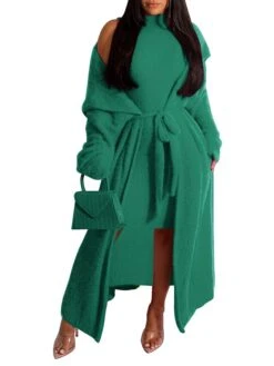 Women's Two Piece Dress Set Casual Dress Sheath Dress Daily Going Out Fashion Streetwear Lace Up Midi Dress Stand Collar Long Sleeve Plain Slim Black Yellow Wine Fall Winter S M L XL XXL -HAYz Clothing Shop ezwnme1693295545464