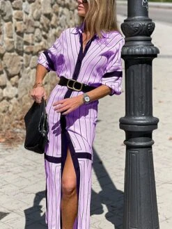 Women's Shirt Dress Casual Dress Shift Dress Maxi Long Dress Outdoor Daily Vacation Polyester Fashion Basic Shirt Collar Button Split Long Sleeve Summer Spring Fall 2023 Regular Fit White Purple -HAYz Clothing Shop faafcp1689239761506