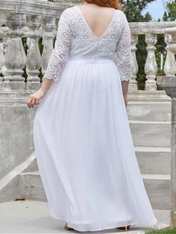 Women's Plus Size Curve Prom Dress Party Dress Lace Dress Long Dress Maxi Dress White Pink Wine 3/4 Length Sleeve Pure Color Lace Spring Fall Winter Crew Neck Fashion Birthday Evening Party -HAYz Clothing Shop facpny1692156797100