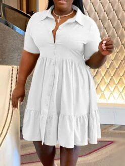 Women‘s Plus Size Curve Shirt Dress Solid Color Shirt Collar Ruffle Half Sleeve Spring Summer Casual Knee Length Dress Daily Holiday Dress -HAYz Clothing Shop fakzfl1656491040908
