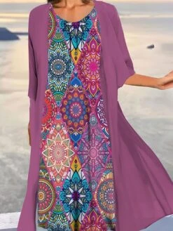 Women's Two Piece Dress Set Casual Dress Print Dress Outdoor Daily Vintage Ethnic Print Midi Dress Crew Neck 3/4 Length Sleeve Floral Tribal Loose Fit Black Navy Blue Royal Blue Summer Spring S M L -HAYz Clothing Shop faopwf1690857675212