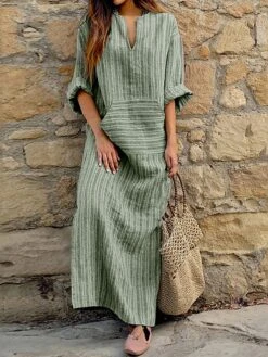 Women‘s Cotton Linen Dress Shirt Dress Casual Dress Tartan Dress Maxi Long Dress Cotton And Linen Casual Outdoor Daily Holiday Split Neck Rolled Cuff Print Long Sleeve Summer Spring Fall 2023 -HAYz Clothing Shop fapgln1673934012650