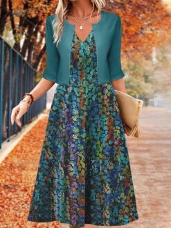 Women's Two Piece Dress Set Casual Dress Swing Dress Outdoor Daily Fashion Elegant Print Midi Dress V Neck Half Sleeve Floral Regular Fit Blue Purple Fuchsia Fall Winter S M L XL XXL -HAYz Clothing Shop fasqdj1697782809442