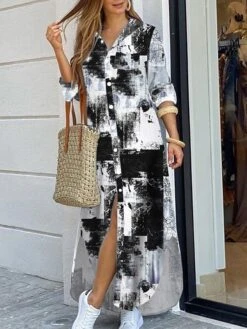 Women's Shirt Dress Long Dress Maxi Dress Black Blue Army Green Long Sleeve Leopard Patchwork Fall Spring Shirt Collar Winter Dress Fall Dress Loose Fit S M L XL XXL -HAYz Clothing Shop fbhstw1608278551920
